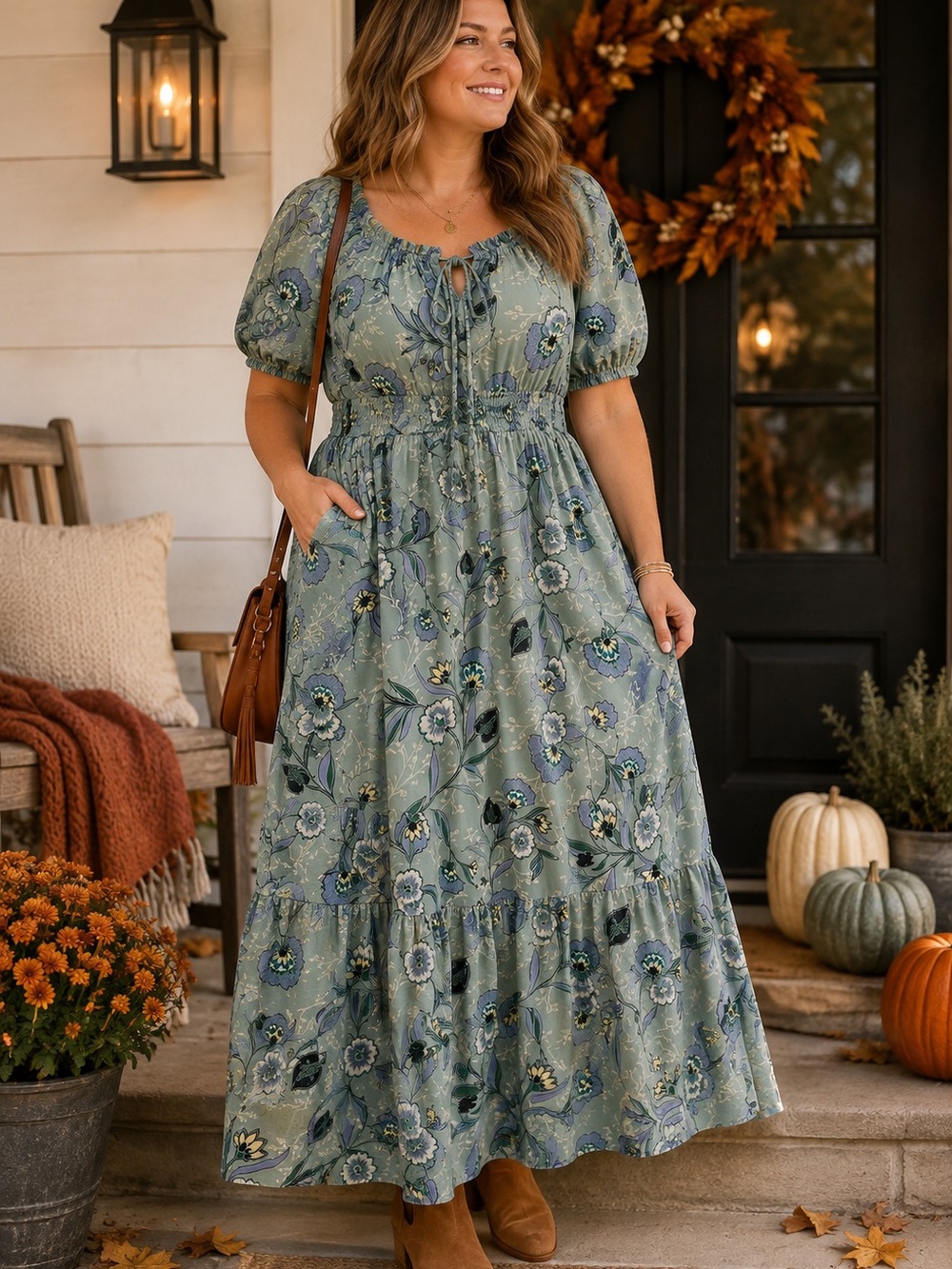 LOFT Sage Green Floral Puff-Sleeve Maxi Dress